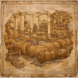 Scenographia style, Midjourney V7: technical infrastructure blueprint schematics