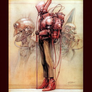 Mechanodermics style, Midjourney V7: concept art character design of retropunk steam knight