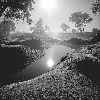 Colossafair style, Midjourney V7: realistic landscape photograph of quiet dawn