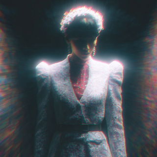 Scanline Occultation style, Midjourney V7: haute-couture fashion outfit