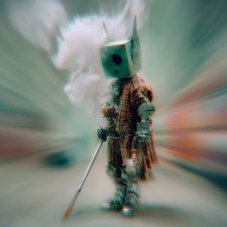 Velocipastoral style, Midjourney V7: concept art character design of retropunk steam knight