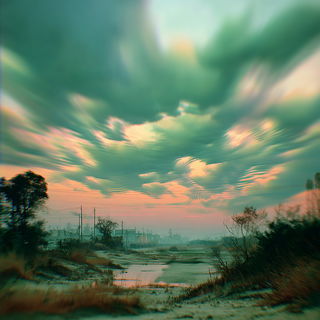 Velocipastoral style, Midjourney V7: realistic landscape photograph of quiet dawn