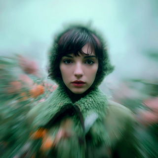 Velocipastoral style, Midjourney V7: photographic portrait of female protagonist