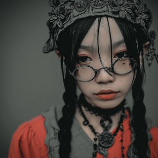 Cindercloisonne style, Midjourney V7: photographic portrait of female protagonist