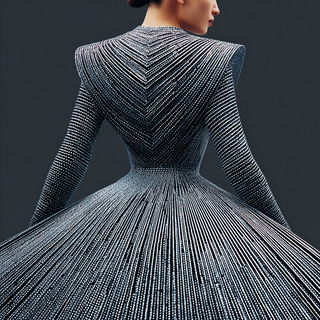Maquette Megalithics style, Midjourney V7: haute-couture fashion outfit