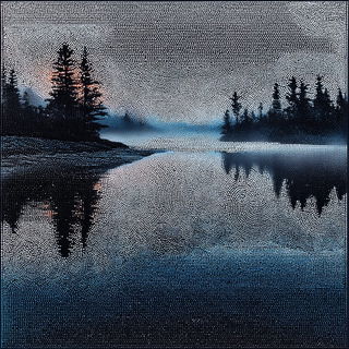 Maquette Megalithics style, Midjourney V7: realistic landscape photograph of quiet dawn