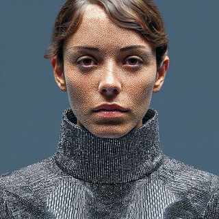 Maquette Megalithics style, Midjourney V7: photographic portrait of female protagonist