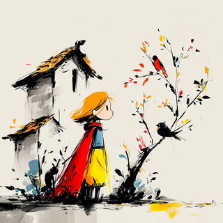 Inkplash Animism style, Midjourney V7: retro fairy-tale illustration
