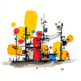 Inkplash Animism style, Midjourney V7: technical infrastructure blueprint schematics