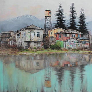 Cloisonnekin style, Midjourney V7: realistic landscape photograph of quiet dawn