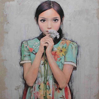 Cloisonnekin style, Midjourney V7: photographic portrait of female protagonist