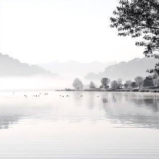 Monocalligraphism style, Midjourney V7: realistic landscape photograph of quiet dawn