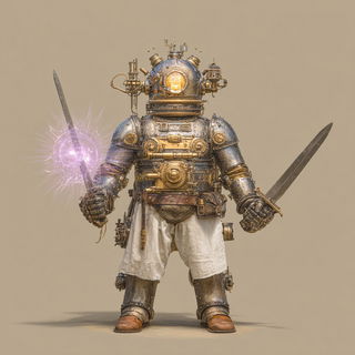 Riverdanse style, Midjourney V7: concept art character design of retropunk steam knight