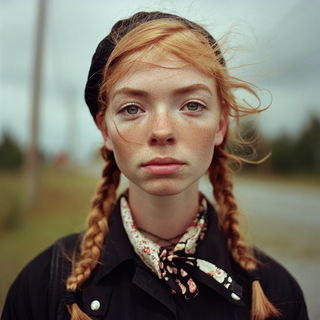 Sunburst Ruralism style, Midjourney V7: photographic portrait of female protagonist