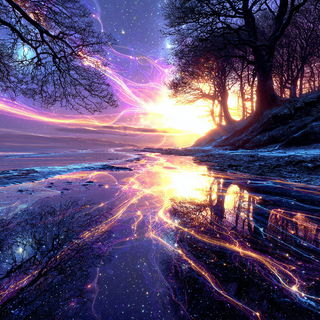 Stratoviolet style, Midjourney V7: realistic landscape photograph of quiet dawn