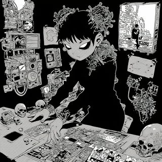 Taggable Bastion style, Midjourney V7: black-and-white manga comic strip