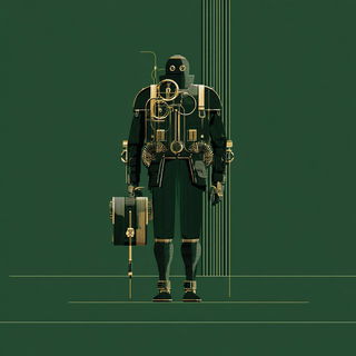 Giltglass Cosmography style, Midjourney V7: concept art character design of retropunk steam knight