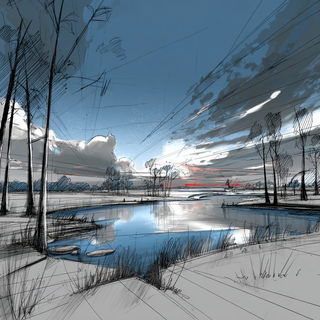 Ruincantilever style, Midjourney V7: realistic landscape photograph of quiet dawn