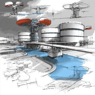 Ruincantilever style, Midjourney V7: technical infrastructure blueprint schematics
