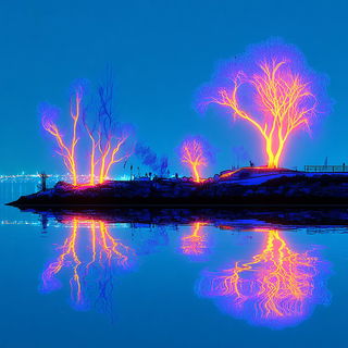 Biolumarch style, Midjourney V7: realistic landscape photograph of quiet dawn