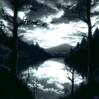 Graveglyphism style, Midjourney V7: realistic landscape photograph of quiet dawn