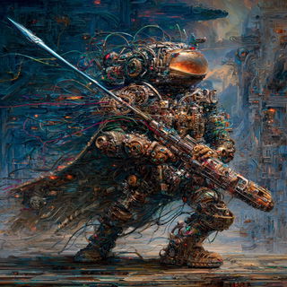 Mechanotype style, Midjourney V7: concept art character design of retropunk steam knight