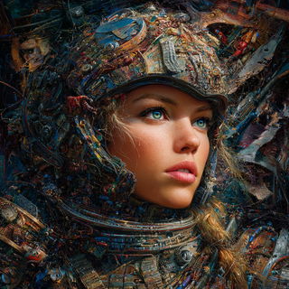 Mechanotype style, Midjourney V7: photographic portrait of female protagonist