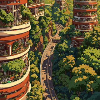 Arkadyn Greenfire style, Midjourney V7: megacity with futuristic bioarchitecture