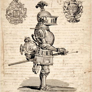 Ammonite Basilica style, Midjourney V7: concept art character design of retropunk steam knight