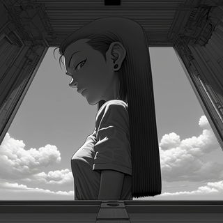 Ammonite Basilica style, Midjourney V7: black-and-white manga comic strip