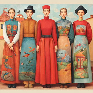Hearthland Polyptych style, Midjourney V7: haute-couture fashion outfit