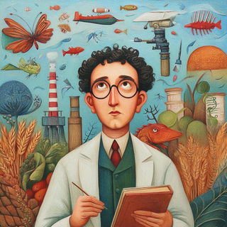 Hearthland Polyptych style, Midjourney V7: editorial illustration for popular scientific magazine cover