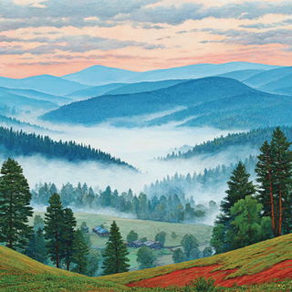 Hearthland Polyptych style, Midjourney V7: realistic landscape photograph of quiet dawn