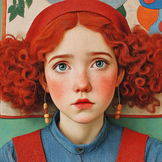 Hearthland Polyptych style, Midjourney V7: photographic portrait of female protagonist