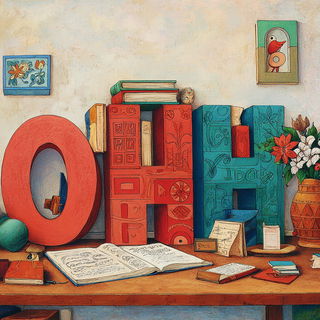 Hearthland Polyptych style, Midjourney V7: typographic composition with large letters
