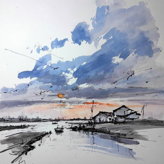 Terracontour style, Midjourney V7: realistic landscape photograph of quiet dawn