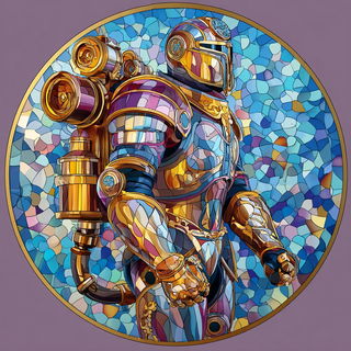 Facetmosaic style, Midjourney V7: concept art character design of retropunk steam knight