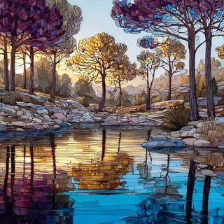Facetmosaic style, Midjourney V7: realistic landscape photograph of quiet dawn