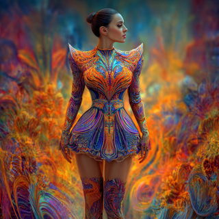 Ornamentopsyche style, Midjourney V7: haute-couture fashion outfit