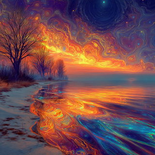 Ornamentopsyche style, Midjourney V7: realistic landscape photograph of quiet dawn