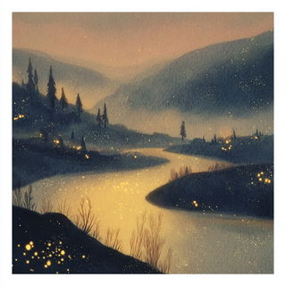 Gloamfolk style, Midjourney V7: realistic landscape photograph of quiet dawn