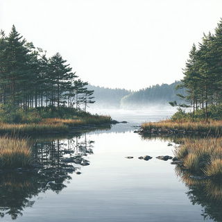 Astercliff style, Midjourney V7: realistic landscape photograph of quiet dawn