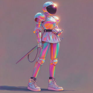 Bubbleshine Arc style, Midjourney V7: concept art character design of retropunk steam knight