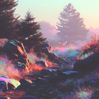 Bubbleshine Arc style, Midjourney V7: realistic landscape photograph of quiet dawn