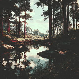 Boscursive style, Midjourney V7: realistic landscape photograph of quiet dawn