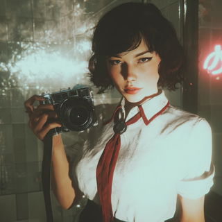 Boscursive style, Midjourney V7: photographic portrait of female protagonist