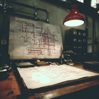 Boscursive style, Midjourney V7: technical infrastructure blueprint schematics