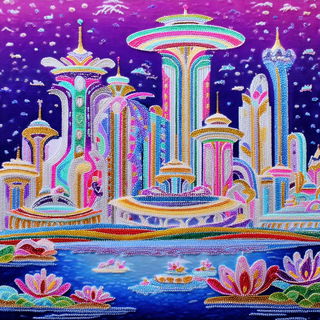 Beadcurrent style, Midjourney V7: megacity with futuristic bioarchitecture