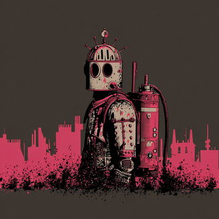 Splattercosm style, Midjourney V7: concept art character design of retropunk steam knight