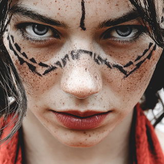 Maskolithics style, Midjourney V7: photographic portrait of female protagonist